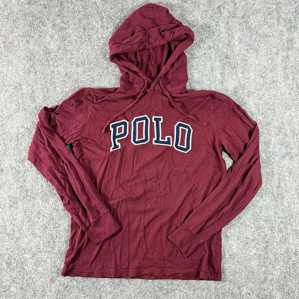 Polo Ralph Lauren Shirt Mens Small Burgundy Hooded Long Sleeve POLO Applique
